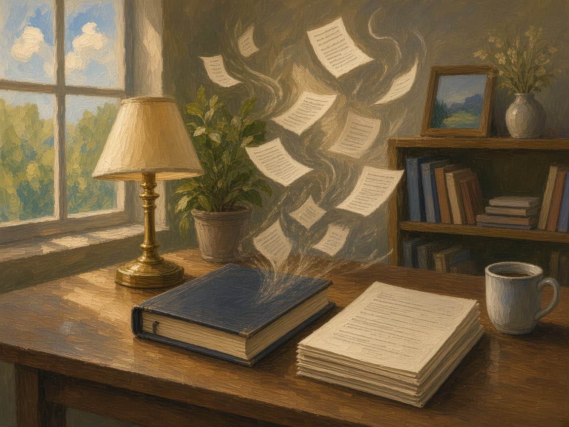 Oil painting of a syllabus and notes becoming a bound course binder on a sunlit desk