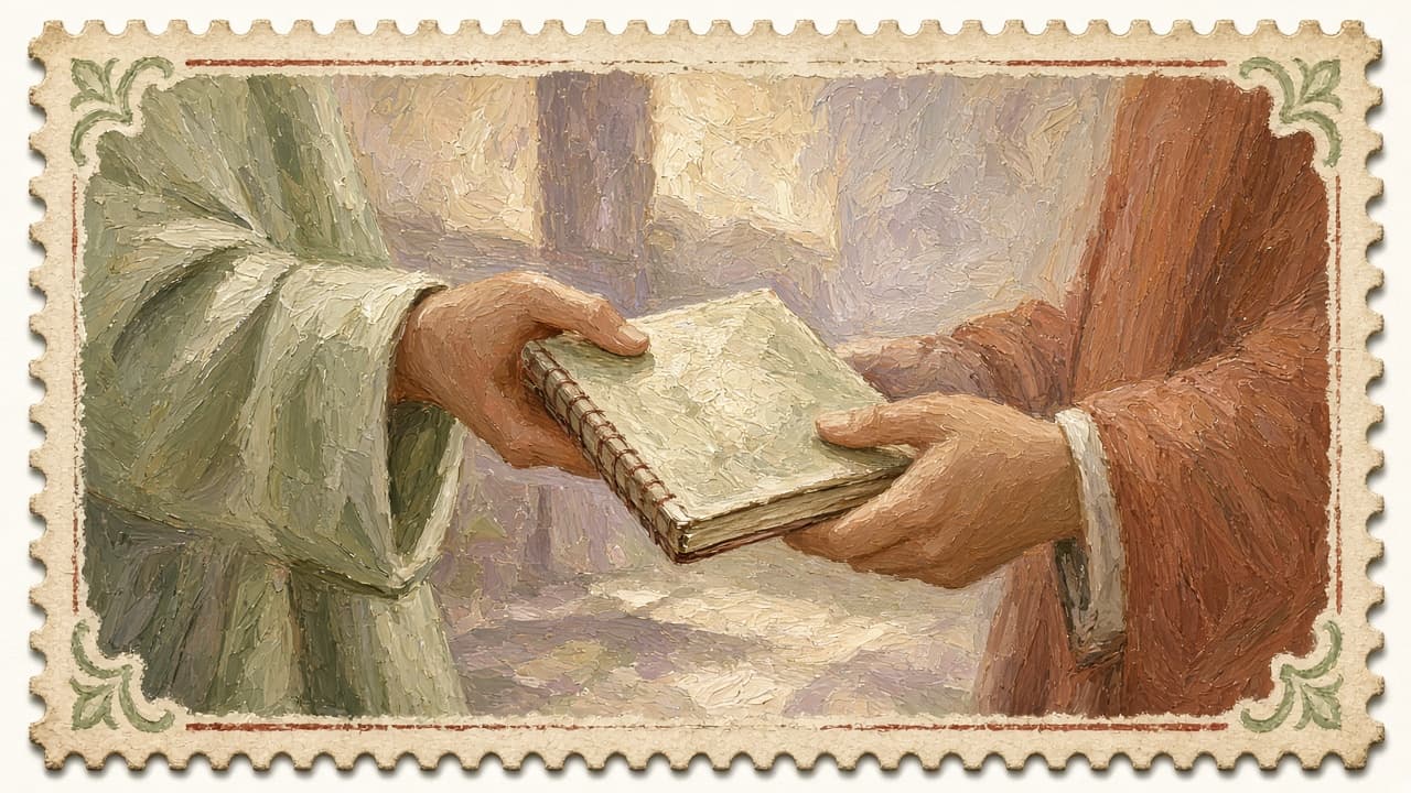 Painting of hands exchanging course materials